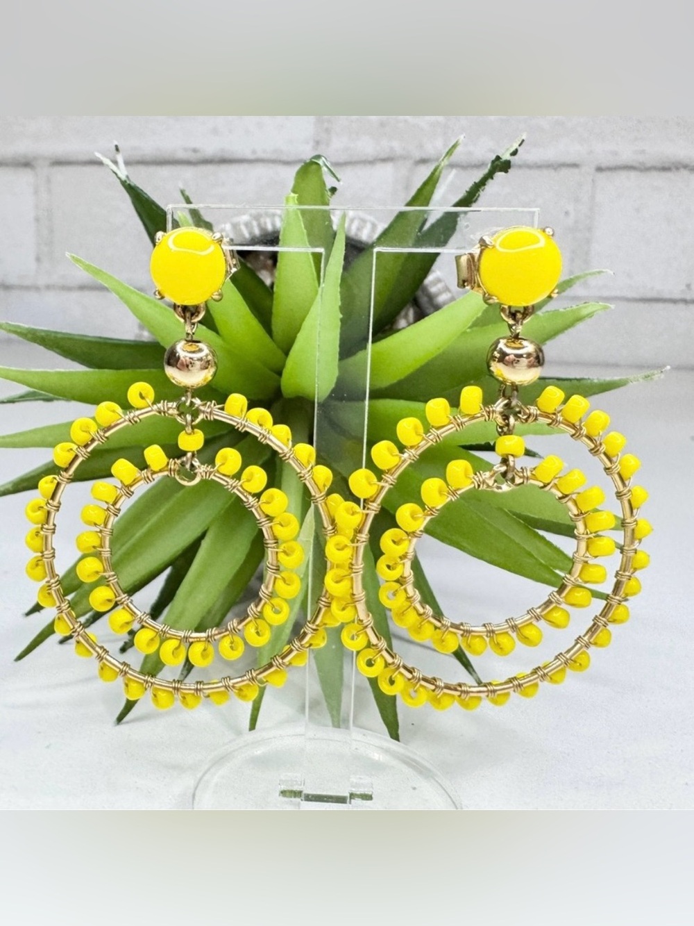 J. Crew Yellow Glass Seed Bead Double Hoop Gold Tone Post Dangle Earrings